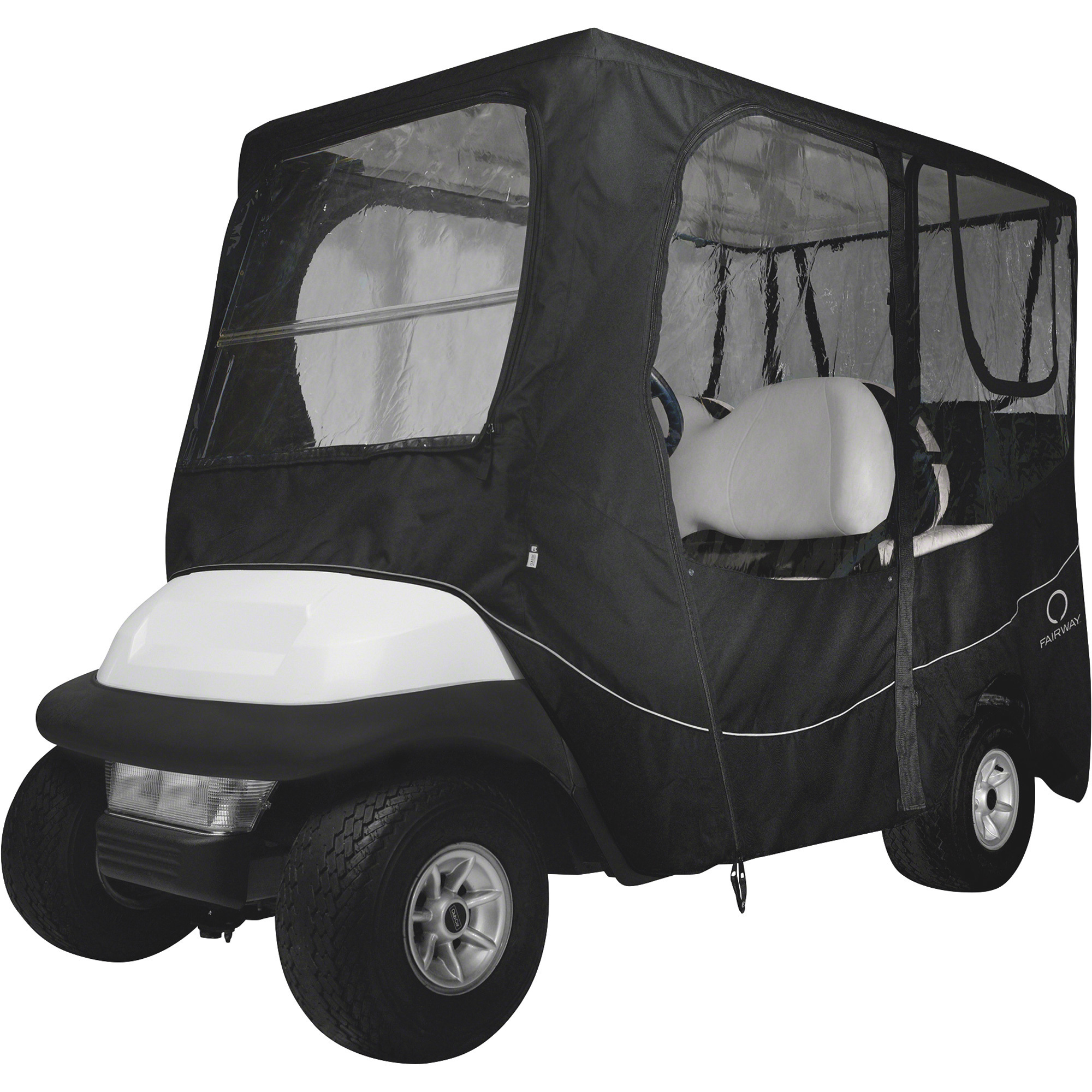 Classic Accessories Fairway Deluxe Golf Car Enclosure, Long Roof (Up to 80in.L), 4-Person, Black, Model# 40-053-345501-00